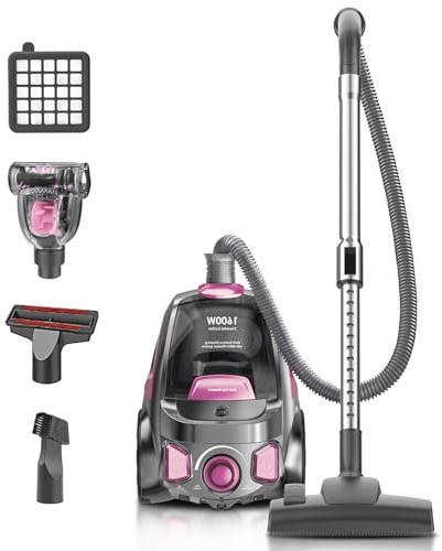 PKUYIE Canister Vacuum Cleaner, 40Kpa 1600W Cyclon Power Bagless Canister Vacuum Cleaners for Home, 3.7QT Large Dust Cup, Lightweight Vac for Hard Floors, Carpets, Pet Hair, Pink