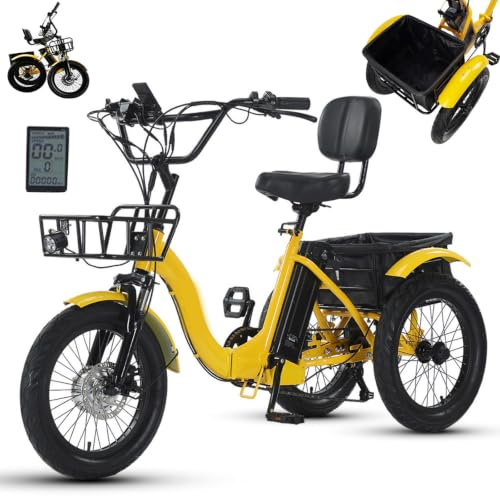 HDaspijh Tricycle électrique Pliable pour Adulte De 18 Pouces avec Grand Panier,Pneus Larges 18 x 3.0,écran LCD,Pente Facile À 15°,3 Modes De Conduite,Batterie 48 V 13 Ah - Autonomie De 44 Km Yellow