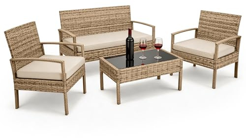 Minifactory 4-Piece Weatherproof Polyrattan Garden Furniture Set, Compact Outdoor Patio Seating Group with 2 Armchairs, Bench, Table & 3 Cushions, Rattan Sofa Set for Garden, Balcony (Gradual Yellow)