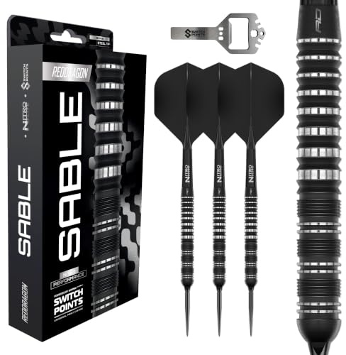 Röd DRAGON Darts – Sable Series | Switch Points Powered by Winmau | 90 % Tungsten Steelarts Set | Parallel, Torpedo & Bomb Barrel | Proi dartpilar med metallspets | 21 g, 22 g, 23 g, 24 g, 25 g, 26 g