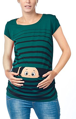 M.M.C. Mammaskjorta kortärmad dam med Guck-Guck-motiv – mammamode T-shirt för graviditeten, rynkfri från 95 % bomull, S till XL, Mörkgrön, M