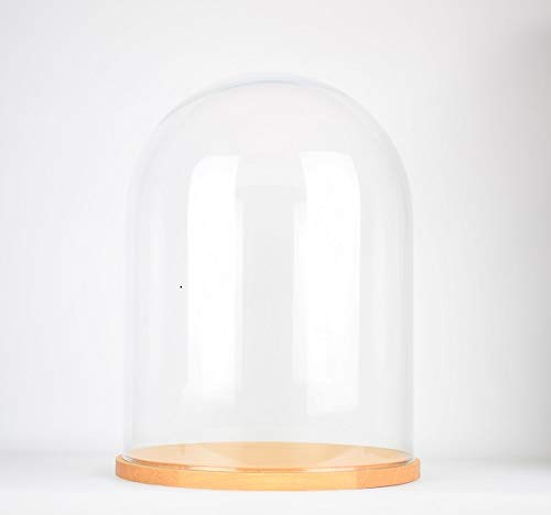 EMH Grande cloche en verre transparent faite à la main avec base en bois 30 x 25 cm