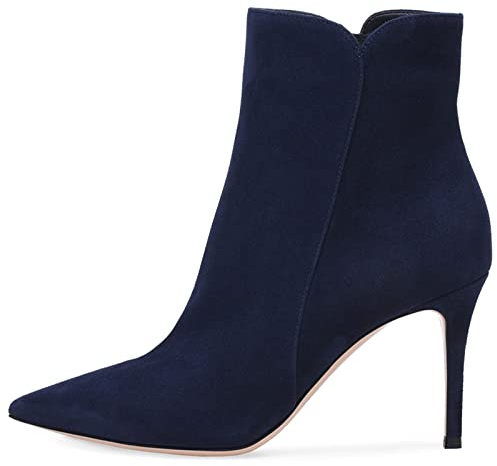 Stivali da Donna Stivaletti Corti in Scamosciata Scarpe col Tacco a Punta Tacco a Spillo Alto Slip on Ankle Boots Cerniera Tronchetti Tacchi Alti Invernali Outdoor Scarponi,Blu,36 EU