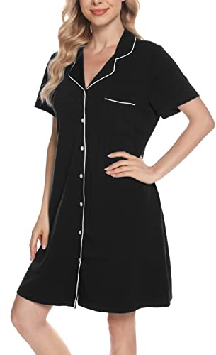 Vlazom Women Soft Nighties V-Neck Button Down Nightdress Classic Boyfriend Style Sleepshirt Relaxed Nightshirt Sleepwear Black,L