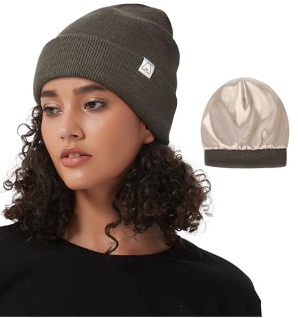 Hat Hut Berretto Cappello Invernale da Donna Uomo, Berretto Foderato in Raso, Morbido Berretto da Sci Caldo Unisex Cappello in Maglia Slouchy Beanie (IT, Testo, Taglia Unica, Verde Tortora)