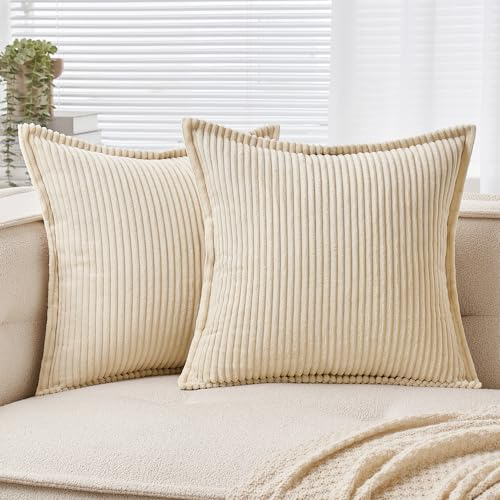 EMEMA Kordsamt Kissenbezug Weiche Kissenhülle Dekorative Sofakissen 40x40 cm 2er Set Dekokissen Moderne Zierkissenbezug Gestreifte Kissenbezüge für Wohnzimmer Schlafzimmer Beige