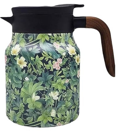 Thermoskanne 1l, Edelstahl Teekanne mit Holzgriff und Teefiltersitz, Quick Press Verschluss, Kaffeekanne Thermo, Isolierkanne, Thermoskannen für Tee, Kaffee, Cappuccino (Grün)