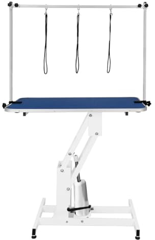 Table Toilettage Hydraulique - Cadre Acier Blanc Robuste & Plateau Antidérapant Bleu 106 x 61cm - Hauteur 55 à 100cm - Capacité 180 kg - Toilettage Chien Animaux Professionnel.[3 Sangles INCLUSES]