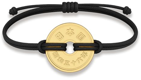 HOBBY OF KINGS Good Luck Coin Bracelet | Black String Thread Wristband | Japan Coin 5 Yen | 18k Gold Plated Fortune Wealth & Protection | Size: L