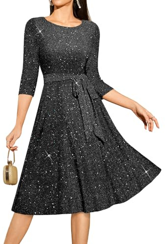 DRESSTELLS Sequin Cocktail Dresses for Women, Vintage Wedding Guest Sparkly Dress Knee Length, 3/4 Sleeve Church Formal Party Prom, Fall, Glitter Black M