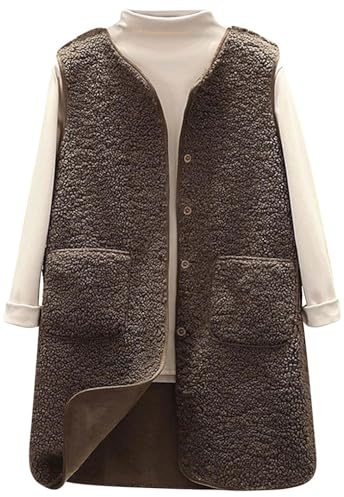Yutdeng Chaleco Mujer Invierno Largo Chaleco de Forro Polar Elegantes Cuello en V Chalecos de Felpa Cálido Chaqueta sin Mangas Cárdigan Termico Abrigo Peluche Jacket Primavera Otoño Botones Bolsillos