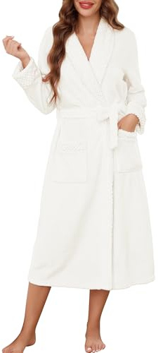 Lovasy Robe de Chambre Femme Longue Polaire Peignoir en Flanelle Hiver sans Capuche Doux et Moelleux Peignoir de Bain pour Douche Spa Maison,A-Blanc,M
