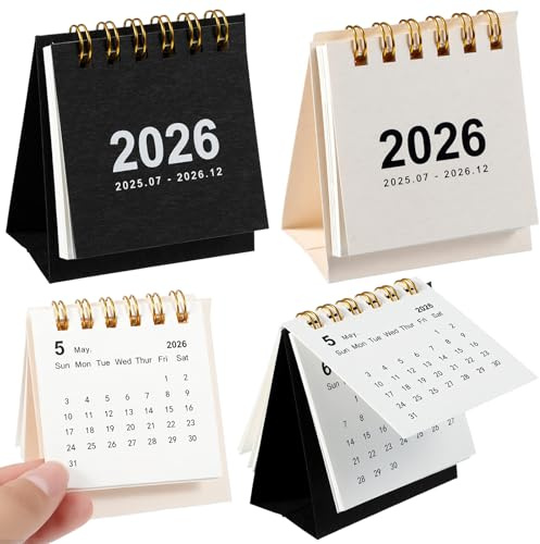 2 PCS Mini Desk Calendar 2025-2026, Pocket Standing Flip Calendar, Portable Small Monthly Desktop Calendar for Home, Office, School, Academic Year Planner (Black, White)