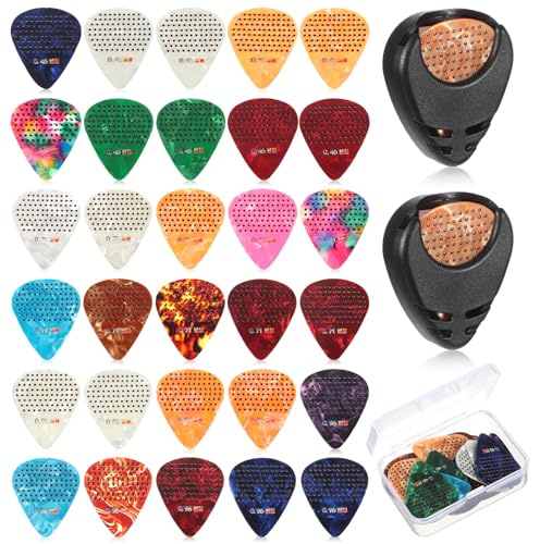 30 Pieces Guitar Picks with Grips Non-slip, Variety Colorful Guitar Celluloid Plectrums Includes Thin Medium Heavy Thickness Non-slip Guitars Pick for Bass Electric Acoustic with Holder and Case