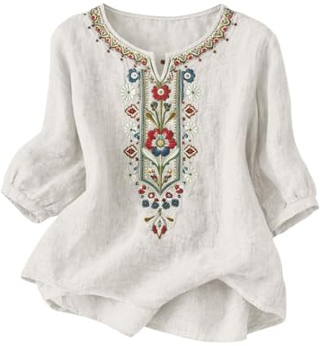 ABLYTMIAQ Cotton Linen Tops for Women UK Boho Floral Embroidered 3/4 Sleeve T-Shirt V Neck Loose Fit Tshirt Ladies Casual Going Out Summer Top