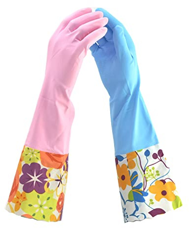2 PAIRS Household Gloves Latex Free Cleaning Gloves with Soft Lining Long Cuff 15 & Grip, Medum, Pink/Blue