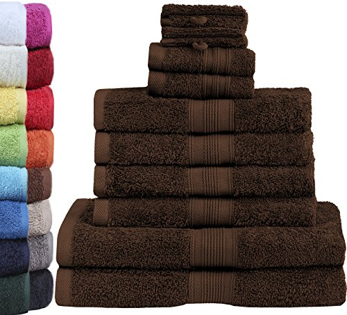 GREEN MARK Textilien 10 TLG. FROTTIER Handtuch-Set mit verschiedenen Größen 4X Handtücher, 2X Duschtücher, 2X Gästetücher, 2X Waschhandschuhe | Farbe: Schoko braun | Premium Qualität