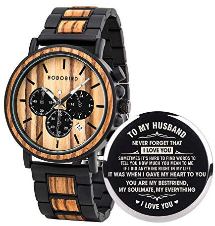 BOBO BIRD Mens Personalized Engraved Wooden Watche, Stylish Wood & Stainless Steel Combined Quartz Casual Wristwatches for Men Family Friends Customized Watch(A-for Husband)