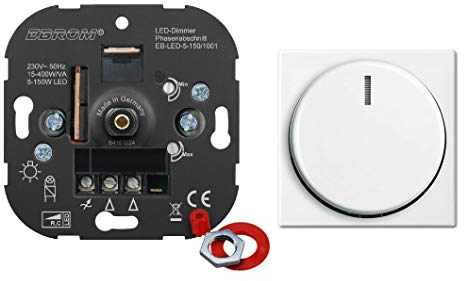 5 Jahre Garantie! EBROM® Unterputz LED Dimmer Drehdimmer + Busch Jäger Dimmerabdeckung 2115-914 alpinweiß Balance SI, Phasenabschnitt, für LED 5-150 Watt + dimmbare Halogen etc. 15-400 W/VA
