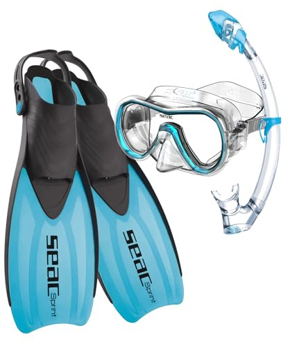 SEAC Set Sprint Dry Conjunto de Snorkeling con máscara de Buceo, esnórquel y Aletas de talón Abierto, para niños, Adultos Unisex, Azul, 36/38