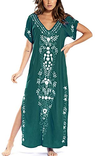 YouKD sommar bomull broderad blommig lös kaftan boho strand bikini övertäckningsklänning storstorlek morgonrock för kvinnor, B grön, en storlek