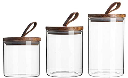 Argon Tableware Scandi Storage Jars Set with Leather Loop Lids - 3 Sizes - Modern Round Organisation Container Glass Jar for Kitchens, Pantry, Bathrooms, Utility Rooms