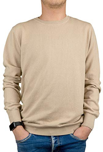 Iacobellis Maglione Uomo Pullover Girocollo Maglia Lavorata a Punto Spillo 100% Cotone Extafine Made in Italy - Beige - XL