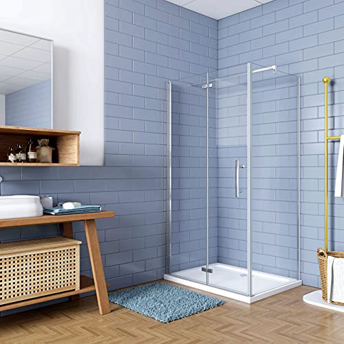195cm Box Doccia Angolare Porta Battente Pieghevole con Parete Fissa 110x70cm in Vetro Temperato 6 mm Anticalcare Barra Stabilizzatrice da 140 cm Cromo Lucido