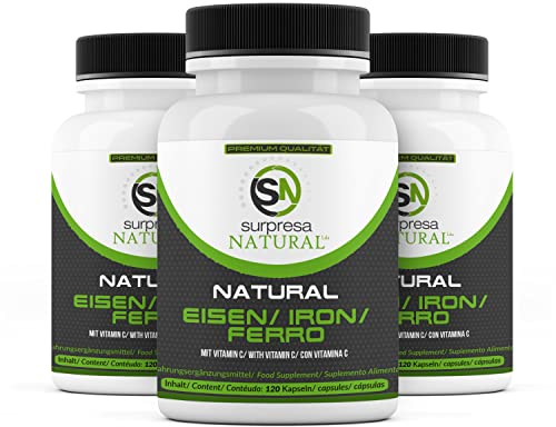 Surpresa Natural Eisen Vitamin C Kapseln I 3 x 120 Stück I Eisen-Supplement mit 14mg natürlichem Eisen & 80mg Vitamin C I Vorrat für 12 Monate I Eisen-Kapseln hochdosiert I 100% vegan & natürlich