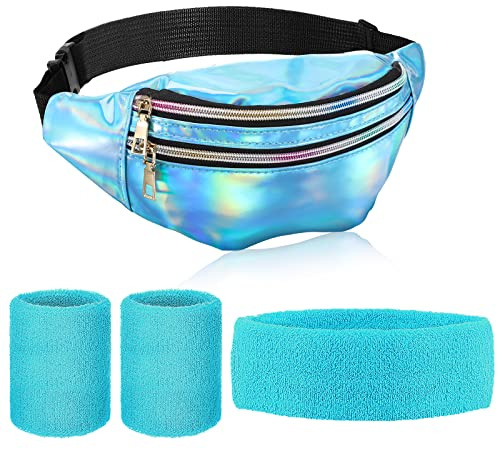 Set di 4 Pacchi di Accessori per Costume Anni '80 e '90 di cui Marsupio in Pelle PU Fascia per Capelli e Polsini Antisudore per Feste Retrò all'Aperto e Carnevale (Blu Chiaro e Celeste)
