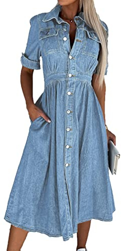 MANYMANY Abito da Camicia da Donna in Denim Femminile abbottonatura con Abbigliamento a Livello Fluido Vestito Jean Denim
