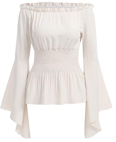 Odizli Mittelalter Kleidung Damen Gothic Steampunk Korsett Oberteil Schulterfrei Bluse Langarm Off Shoulder Top Viktorianisches Renaissance Wikinger Kostüm Halloween Karneval Faschingskostüme Weiß L