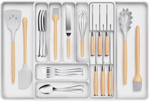 Lifewit Organizador de cubiertos cocina, bandeja expansible con bloque de cuchillos, soporte ajustable, inserto de plástico para cucharas y tenedores, grande y Blanco