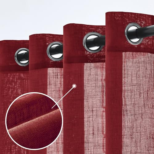 Woaboy Leinen Gardinen Halbtransparent Vorhänge Leinenoptik Wohnzimmer mit Ösen Stores Gardine Schlafzimmer Modern Ösenvorhang Schlaufengardinen 2er Set 140x225cm (BxH) Wein Rot
