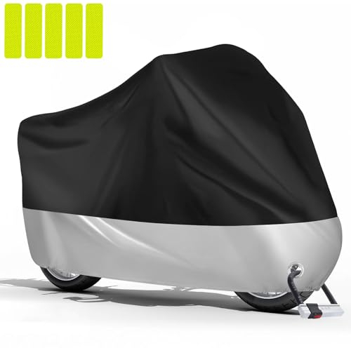 PlsMupn Housse Moto Imperméable Housse de Protection pour Moto 210D Polyester, Bache Moto Exterieur Etanche avec Trous de Serrure, Housses de Moto Exterieur au Pluie Poussière UV Neige(245x125x105cm)