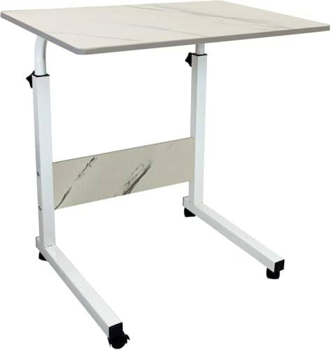 simpa Height Adjustable Mobile Laptop Table Workstation with Metal Frame & Rolling Castors - White Marble