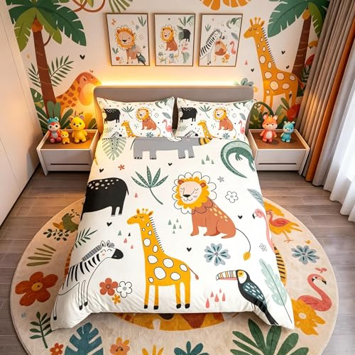 Loussiesd Kids Zoo Animal Bedding Set Single Cute Wild Animals Bedding Safari Lion Giraffe Duvet Cover Set for Boys Girls Teens Bedroom Decor Natural Theme Zebra Elephant Print