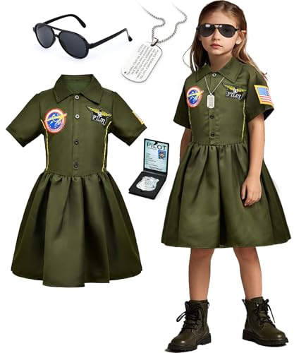 Latocos Girls Pilot Dress Costume Toddler Kids Military Aviator Fighter Suit with Sunglasses Necklace Halloween Career Day (130)