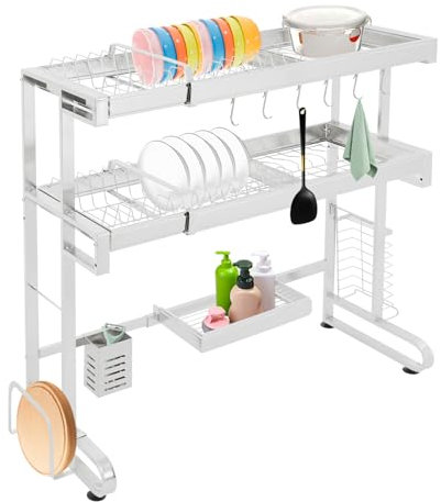 Vielrosse Escurreplatos sobre fregadero, 2 niveles, escurreplatos extensible, fregadero de cocina, cesta para palillos, cesta para artículos sanitarios, soporte para cuchillos y 6 ganchos