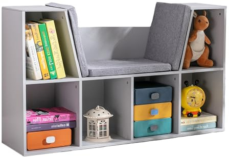 HOMCOM Bibliothèque pour enfant avec tabouret, banc pour enfant avec 6 compartiments, coffre à jouets avec 3 coussins, coffre à jouets à partir de 3 ans, gris, 103 x 30 x 62 cm