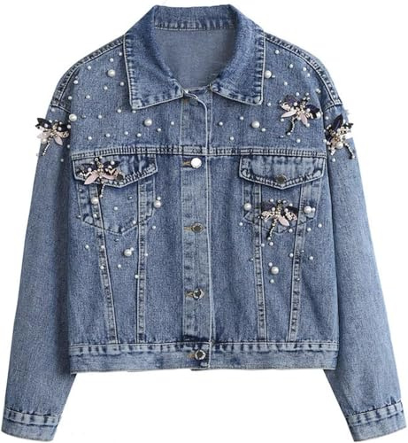 Women's Autumn Fashion Loose Casual Pearl Decorated Denim Jacket Classic Lapel Pocket Long Sleeve Denim Jacket