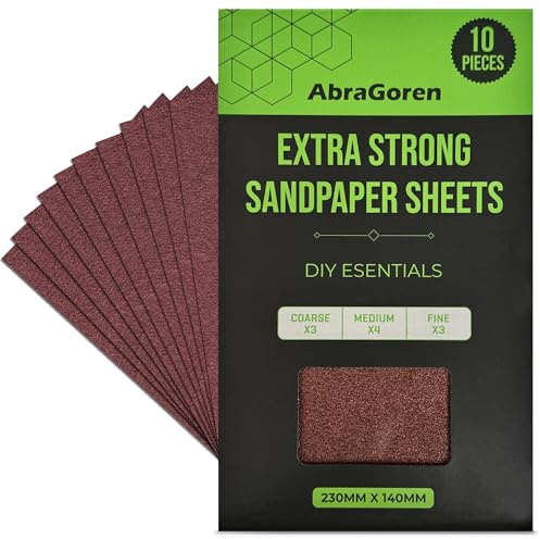 Pack of 10 Sand Paper Sheets - Mixed Grits, 3x Fine, 4x Medium, 3x Coarse - Assorted Sandpaper for Wood and Walls (Extra Strong)