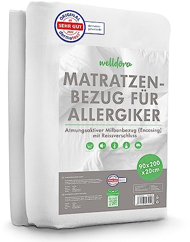 Welldora ǀ Funda Protectora Colchón Antiácaros ǀ Funda Protectora Colchón con Cremallera para Alérgicos Testado por un Especialista ǀ Ropa de Cama para Alérgicos (90x200x20cm)
