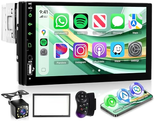 Rimoody 1 DIN bilradio med trådlös CarPlay, Android Auto, iOS/Android MirrorLink, Bluetooth, 5,2-tums 7-tums pekskärm, enkel DIN bilradio med FM-radio, USB/EQ/AUX, rattkontroller, backkamera