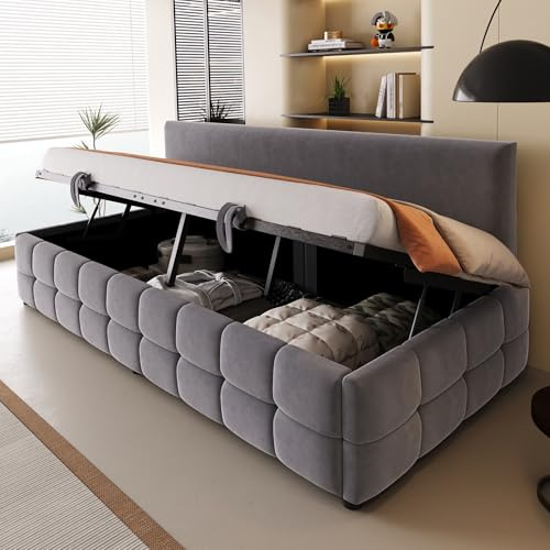 Trdlpyn Divano Letto Imbottito 90X200cm con Contenitore Idraulico, Letto Singolo Tessuto in Velluto, Rete a Doghe, Mobili Imbottiti Sofa Bed per Soggiorno, Camera da letto o Ufficio, Grigio scuro