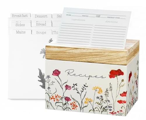 SENSORY4U Wooden Recipe Box with Cards & Dividers – Wildflower Floral Design – Includes 100 4x6 Recipe Cards, 12 Dividers & Built-In Recipe Holder Slot – Rustic Farmhouse Kitchen Organizer
