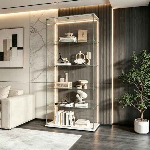 Vitrina de Vidrio Transparente con 5 Estantes y 2 Puertas, Vitrina de Cristal de Exhibición con LED y Cerradura, Gabinete Moderno para Colección Vitrinas de Exposición Vitrina Vertical para el Salón