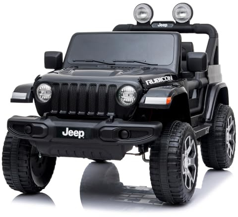 BRICOZONE Jeep Wrangler Rubicon Auto Elettrica Per Bambini 12V Due Posti Fuoristrada Con Telecomando Parentale Ruote EVA Luci LED Motori 35W Batteria 7Ah Licenza Ufficiale (Nero)
