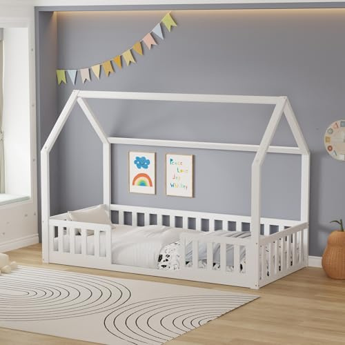 WestWood Wooden House Shaped Toddler Bed Frame, Montessori Kids Floor Bed with Split Guard Rails, Kids Children Single Bed Easy Access Design, Solid Pine Wood, White