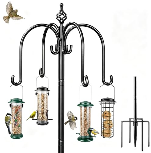 Bird Feeders Hanging Station, 224cm Bird Feeder Pole Stand Heavy Duty Feeding Station Hangers Freestanding Shepherd Crook Hooks for Garden Lights, Lanterns,Plant Baskets